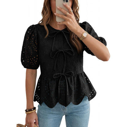Top donna con volant e maniche a sbuffo con cintura - Elegante e femminile