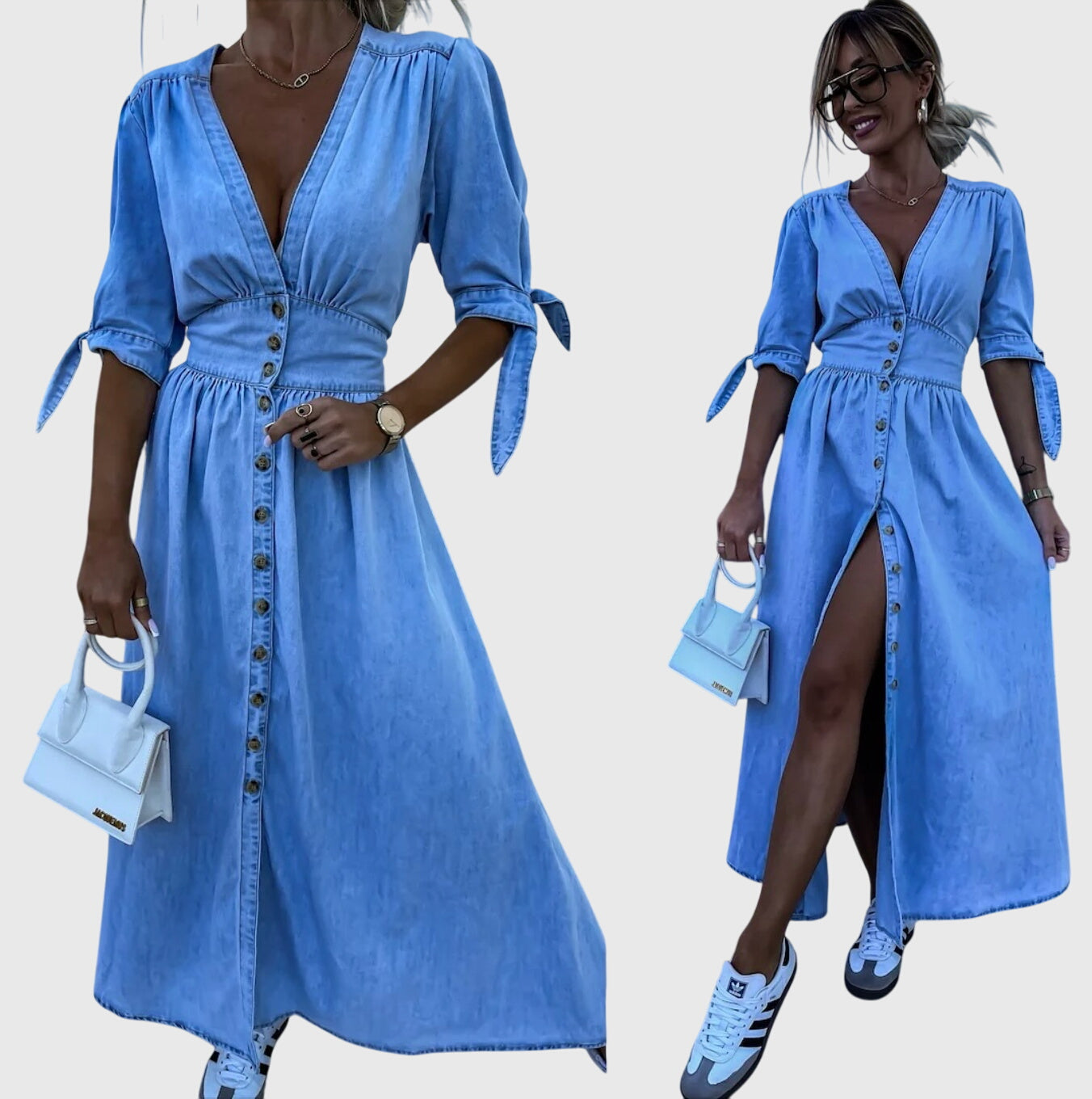 Robe Maxi Denim Élégante Col V – Robe A-Line Boutonnée Stylée
