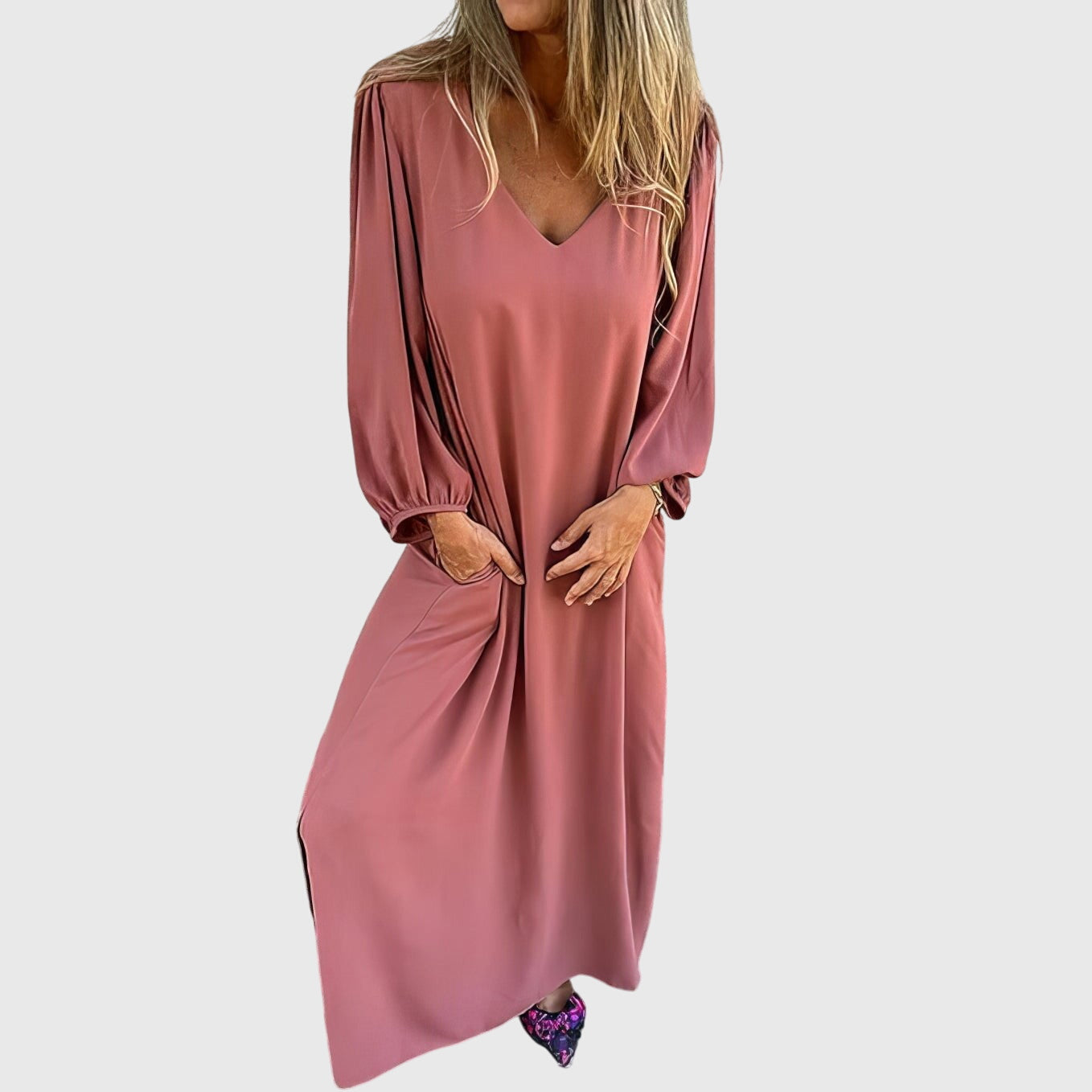 Robe Midi Bohème Col V avec Poches – Confort Décontracté
