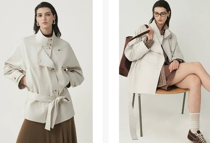 Women's Double-Breasted Stand-Collar Jacket – Elegant Fitted Style for Petite Sizes