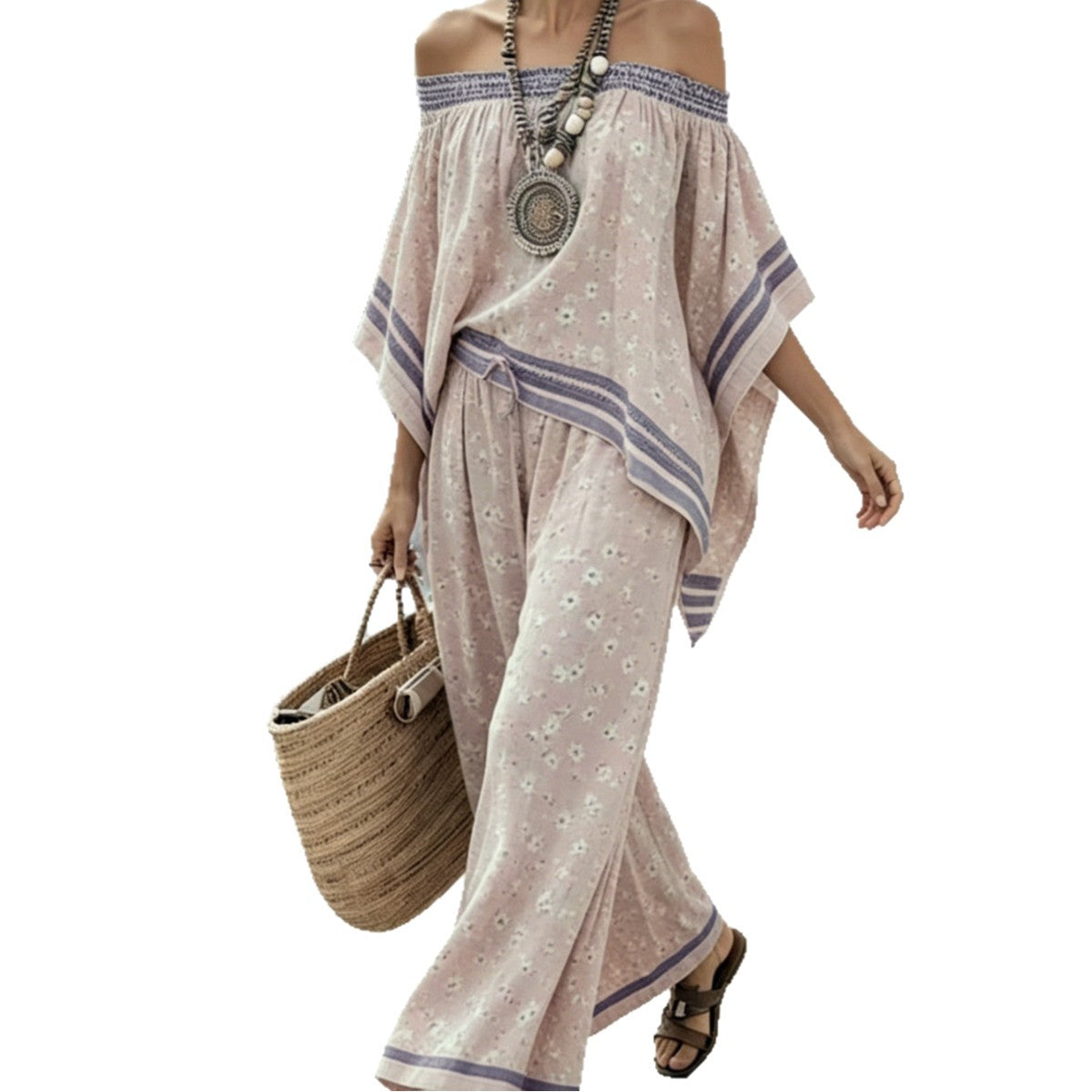 Women's asymmetrical top with one shoulder exposed and wide high-waisted pants - Modern and chic