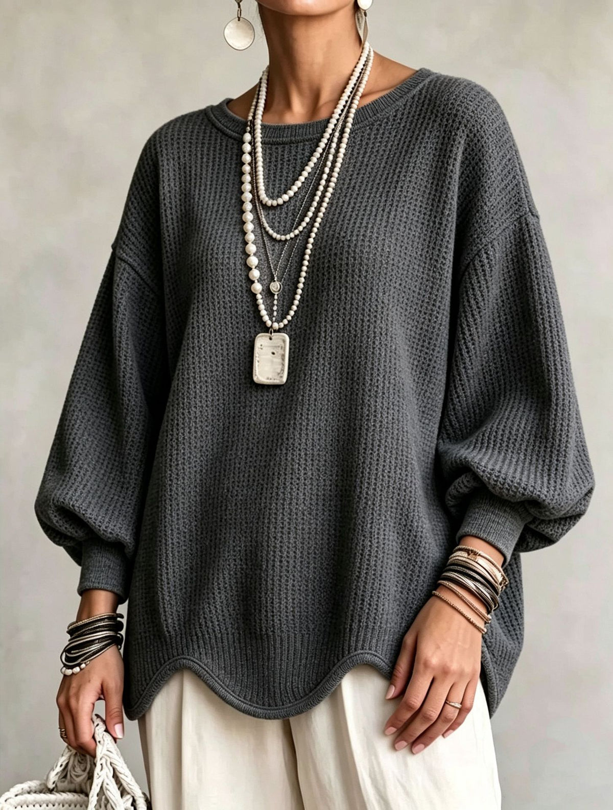 Women's top - Round neck, puff sleeves, and wavy hem