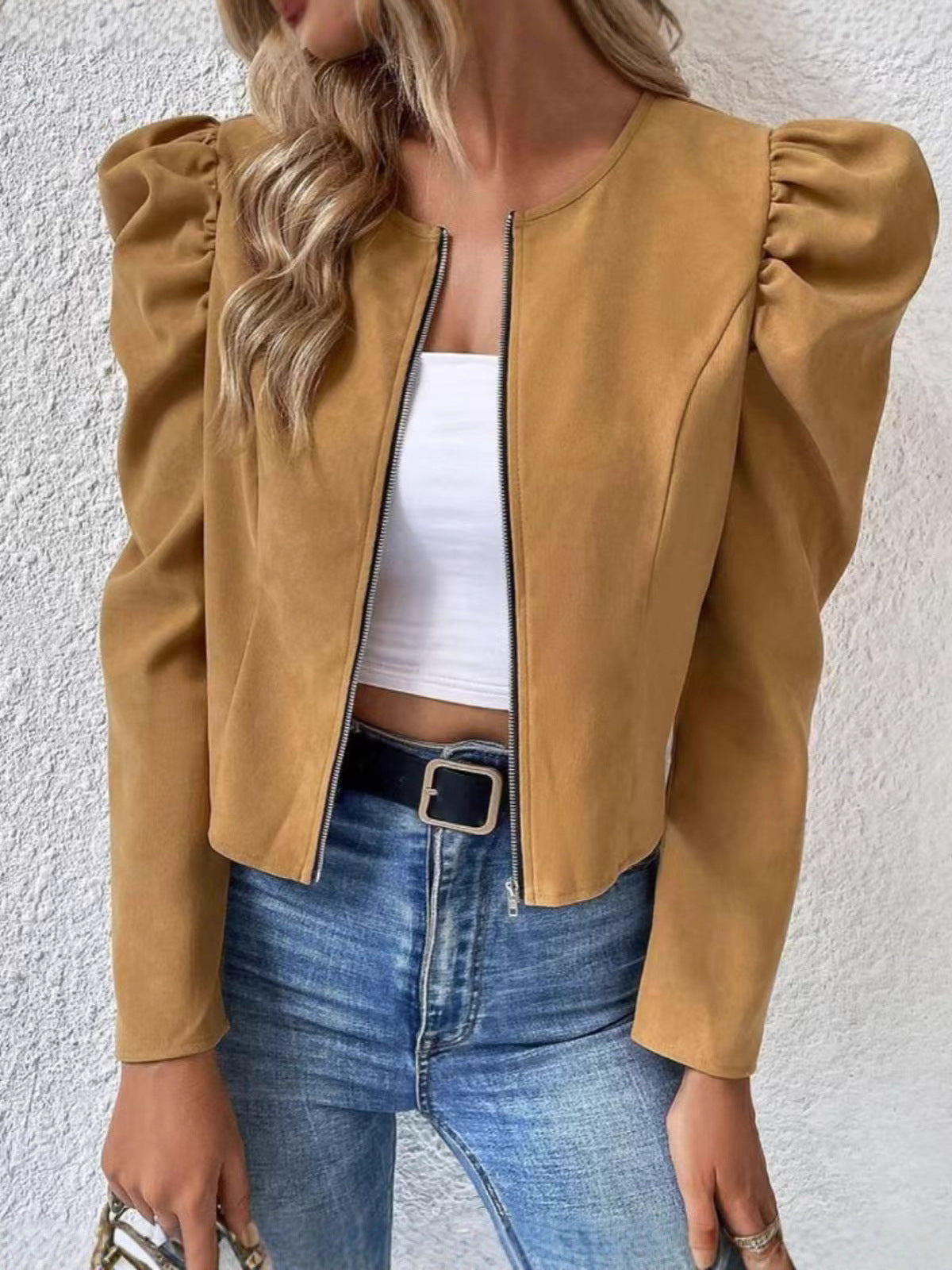 Cardigan da donna - Scollo rotondo, chiusura con cerniera e maniche a sbuffo
