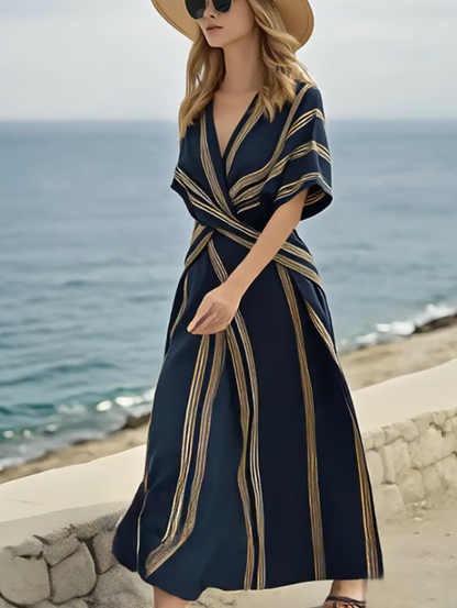 Robe d'été à rayures abstraites pour femme – Col en V, manches courtes, coupe trapèze évasée