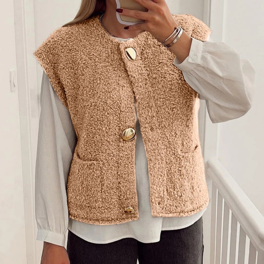 Gilet teddy beige premium pour femme – Gilet confortable à boutons