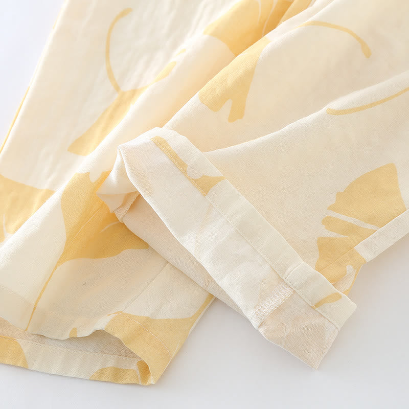 Pyjama Décontracté Élégant Femme à Feuilles de Ginkgo – Ensemble 2 Pièces Léger et Doux en Coton avec Noeud Décoratif et Coupe Ample