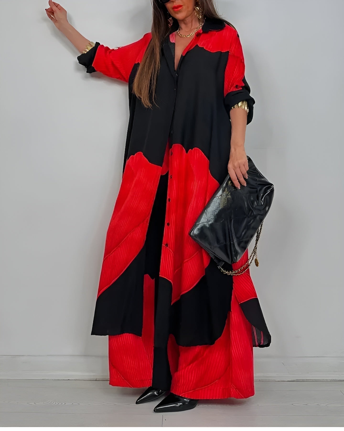 Ensemble deux pièces femme – Chemise boutonnée à col et pantalon large taille haute coordonné