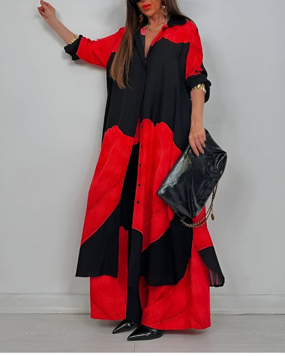 Ensemble deux pièces femme – Chemise boutonnée à col et pantalon large taille haute coordonné