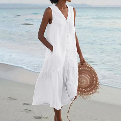 Robe d'été sans manches en lin pour femme – coupe ample et boutonnée sur le devant