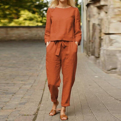 Ensemble Femme Deux Pièces en Coton – Blouse Manches Longues Élégante et Pantalon Taille Haute Relaxé – Respirant, Doux et Confortable au Quotidien