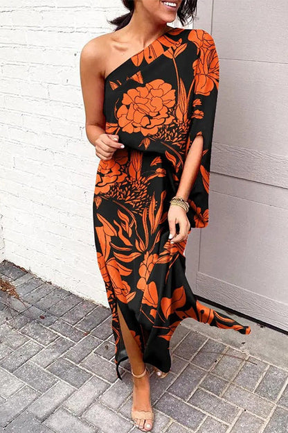Robe Imprimée Margovil – Une Épaule avec Fente Latérale – Style Casual
