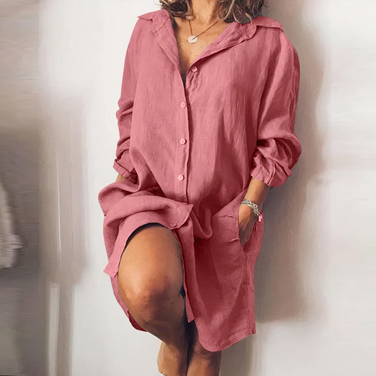 Robe chemise midi boutonnée d'été pour femme - Robe décontractée en coton à manches longues