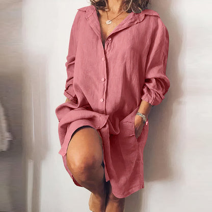 Robe chemise midi boutonnée d'été pour femme - Robe décontractée en coton à manches longues