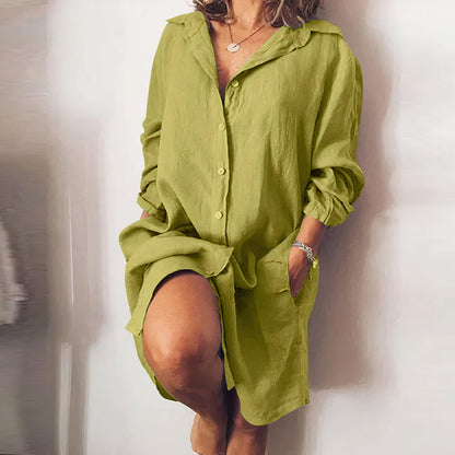 Robe chemise midi boutonnée d'été pour femme - Robe décontractée en coton à manches longues