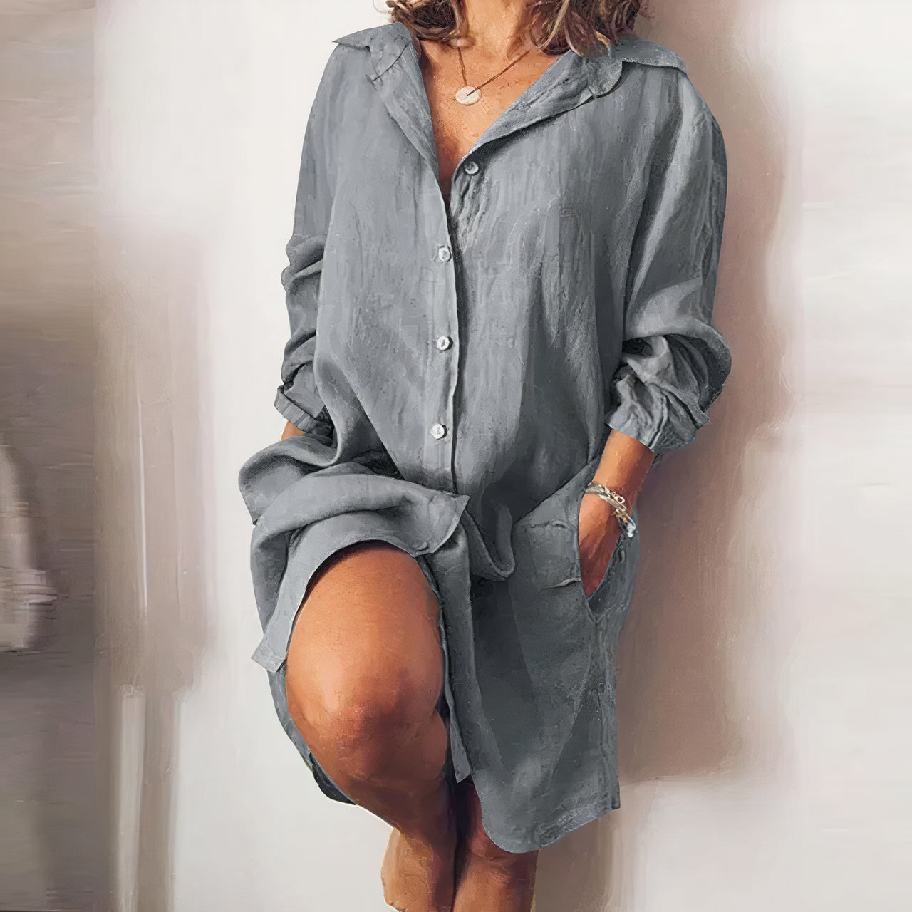 Robe chemise midi boutonnée d'été pour femme - Robe décontractée en coton à manches longues