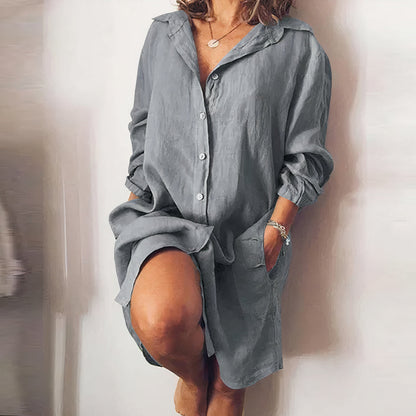 Robe chemise midi boutonnée d'été pour femme - Robe décontractée en coton à manches longues