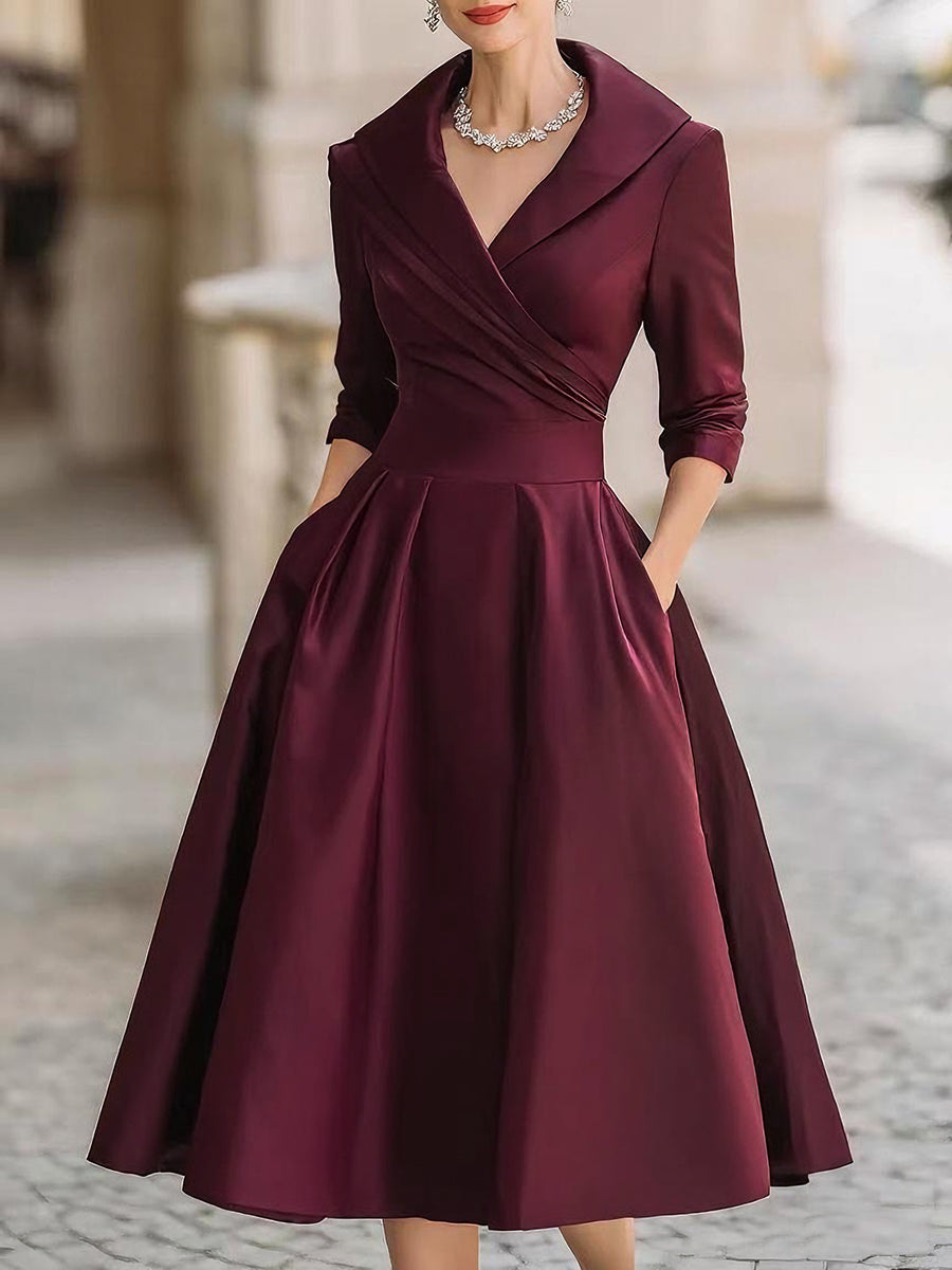 Robe midi élégante trapèze pour femme – Style plissé vintage et formel