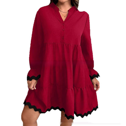 Robe midi femme ample à col V et manches longues