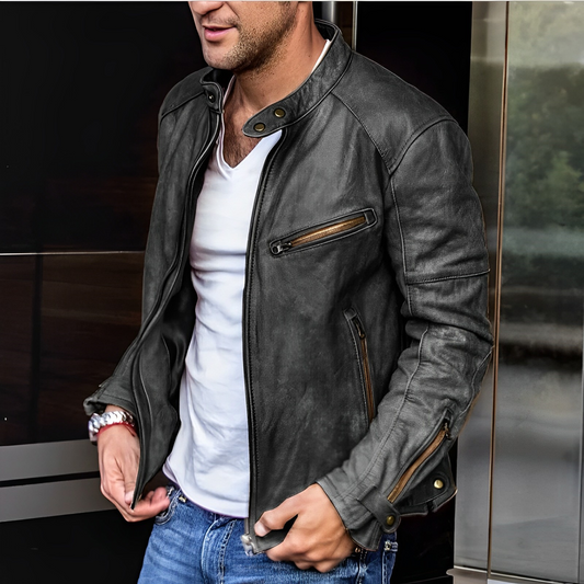 Veste Homme Élégante à Fermeture Éclair en Cuir Toutes Saisons – Style Durable