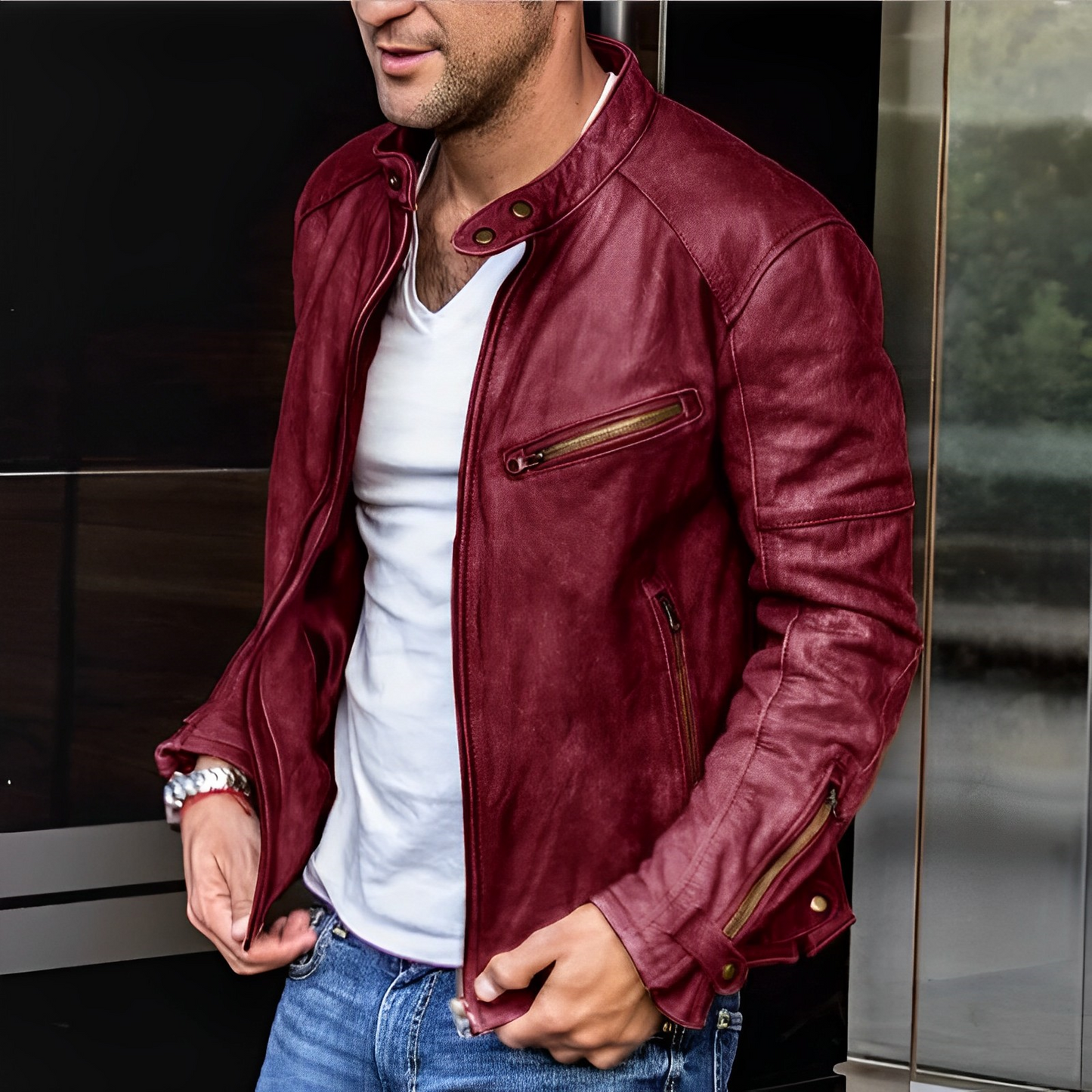 Veste Homme Élégante à Fermeture Éclair en Cuir Toutes Saisons – Style Durable
