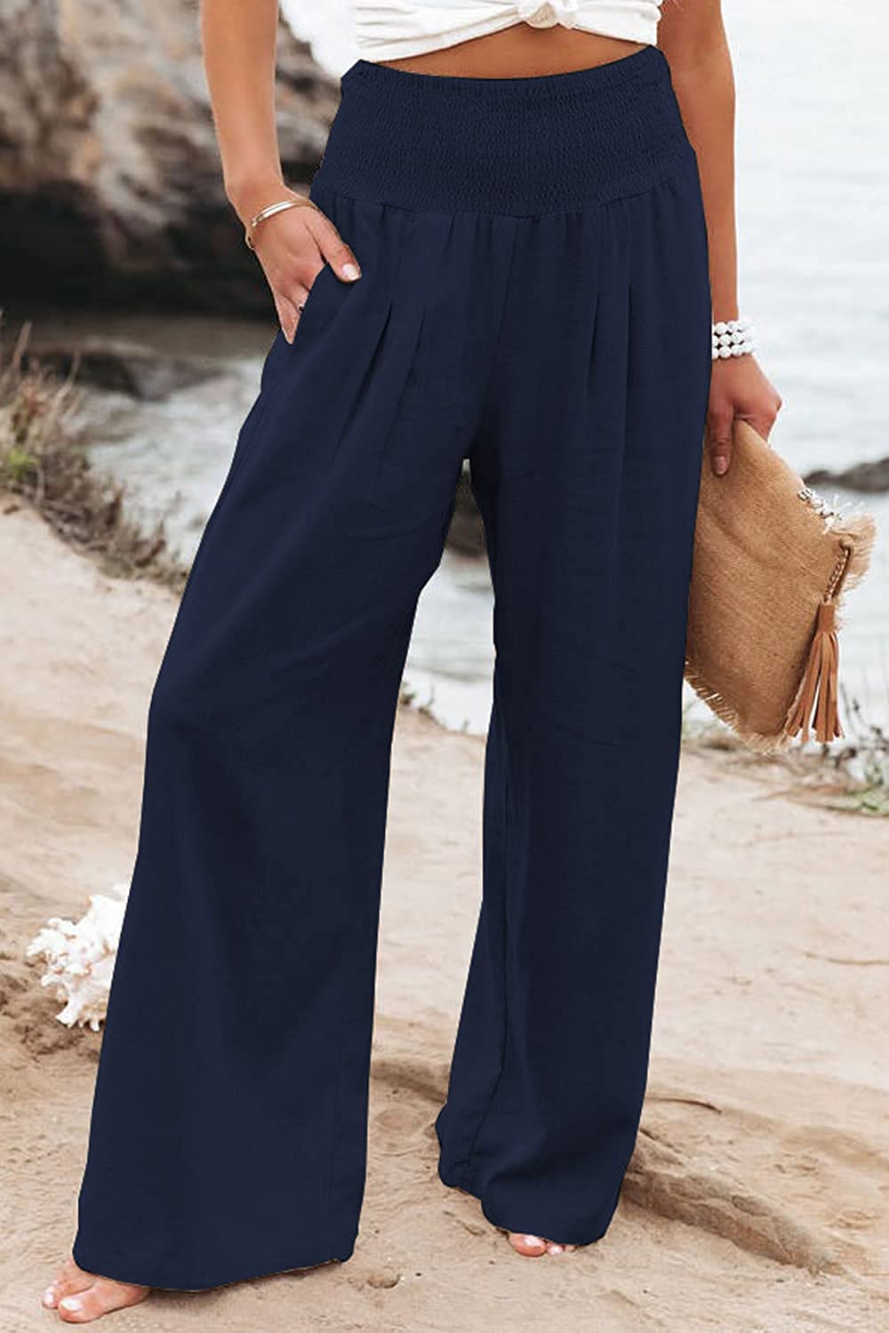 Pantalon en lin femme été – Taille élastique et coupe large fluide