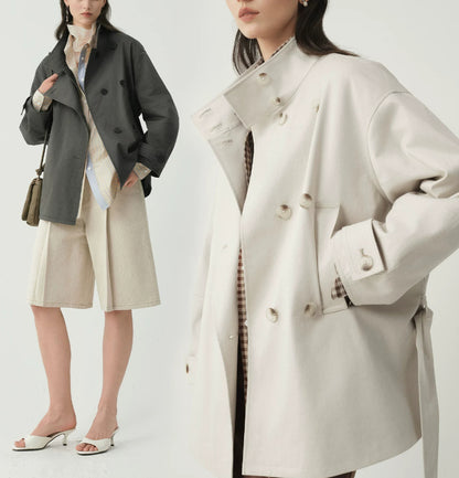 Women's Double-Breasted Stand-Collar Jacket – Elegant Fitted Style for Petite Sizes