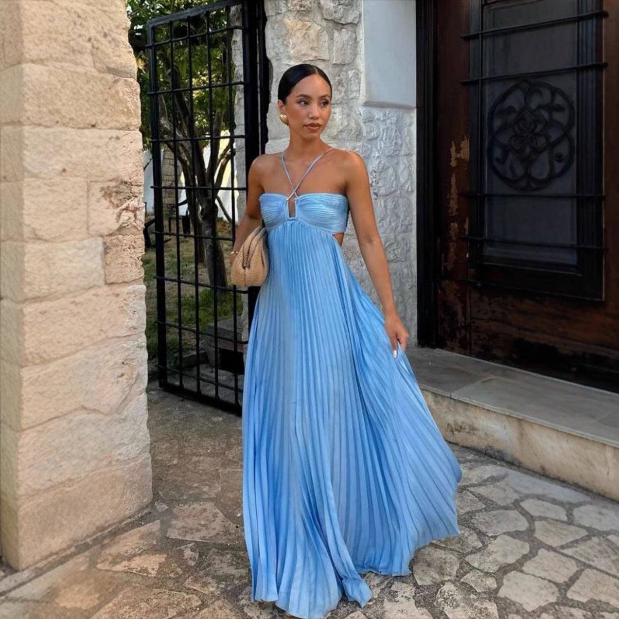 Vestido de mujer plisado sin mangas con cuello halter - Elegante para la noche