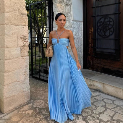 Vestido plisado sin mangas para mujer, de talle alto y espalda descubierta