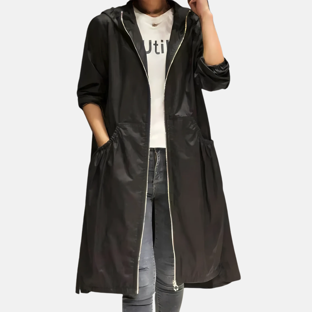 Abrigo largo impermeable de mujer con capucha - Protector y práctico
