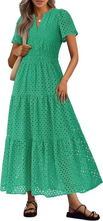 Robe Longue Fluide de Vacances à la Plage pour Femme – Style Col en V à Manches Courtes Eyelet