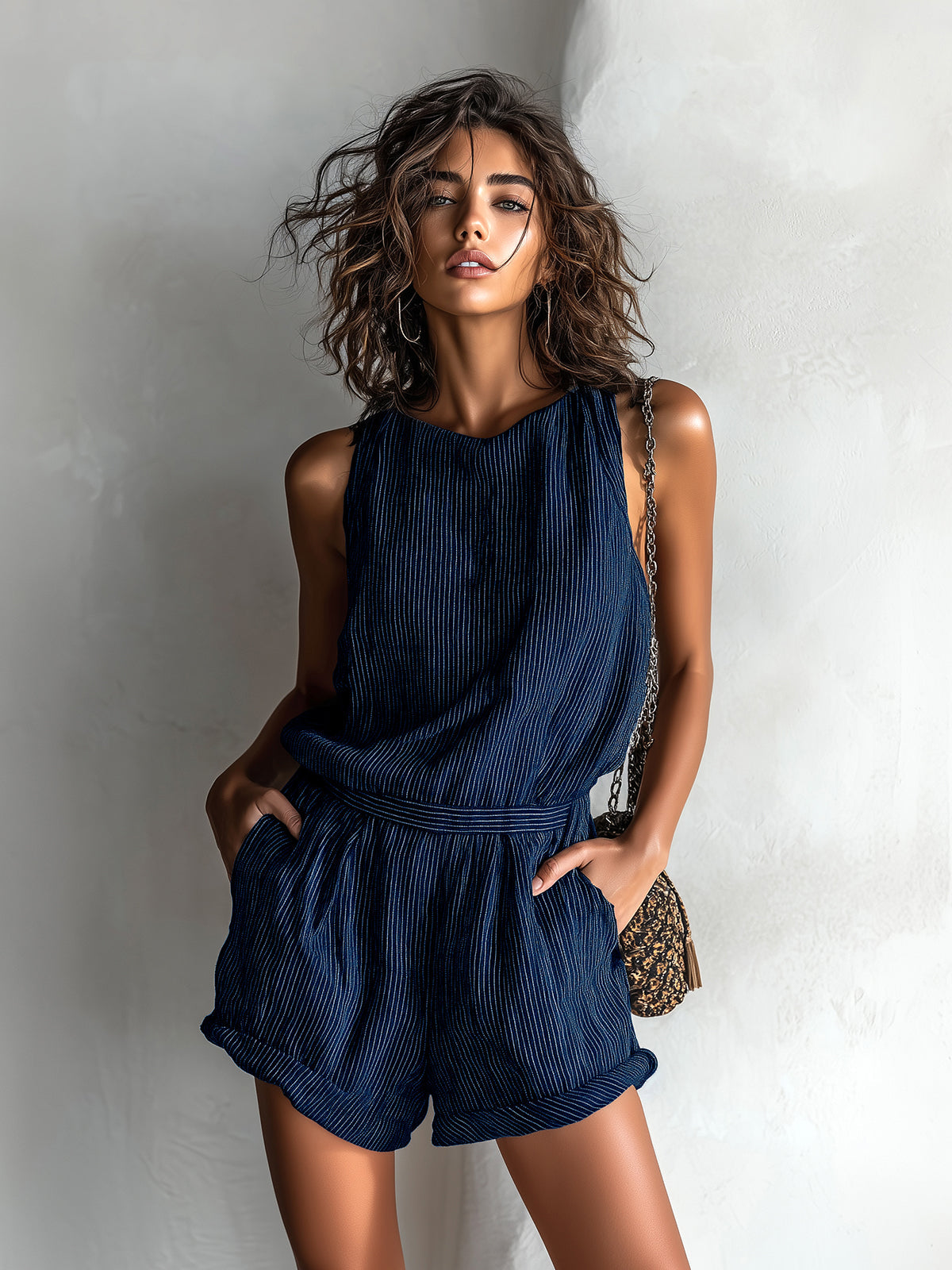 Combinaison short femme en lin raye - Legere et decontractee