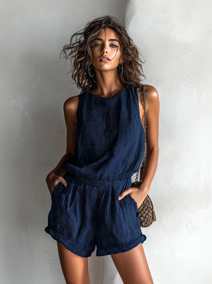 Combinaison short femme en lin raye - Legere et decontractee