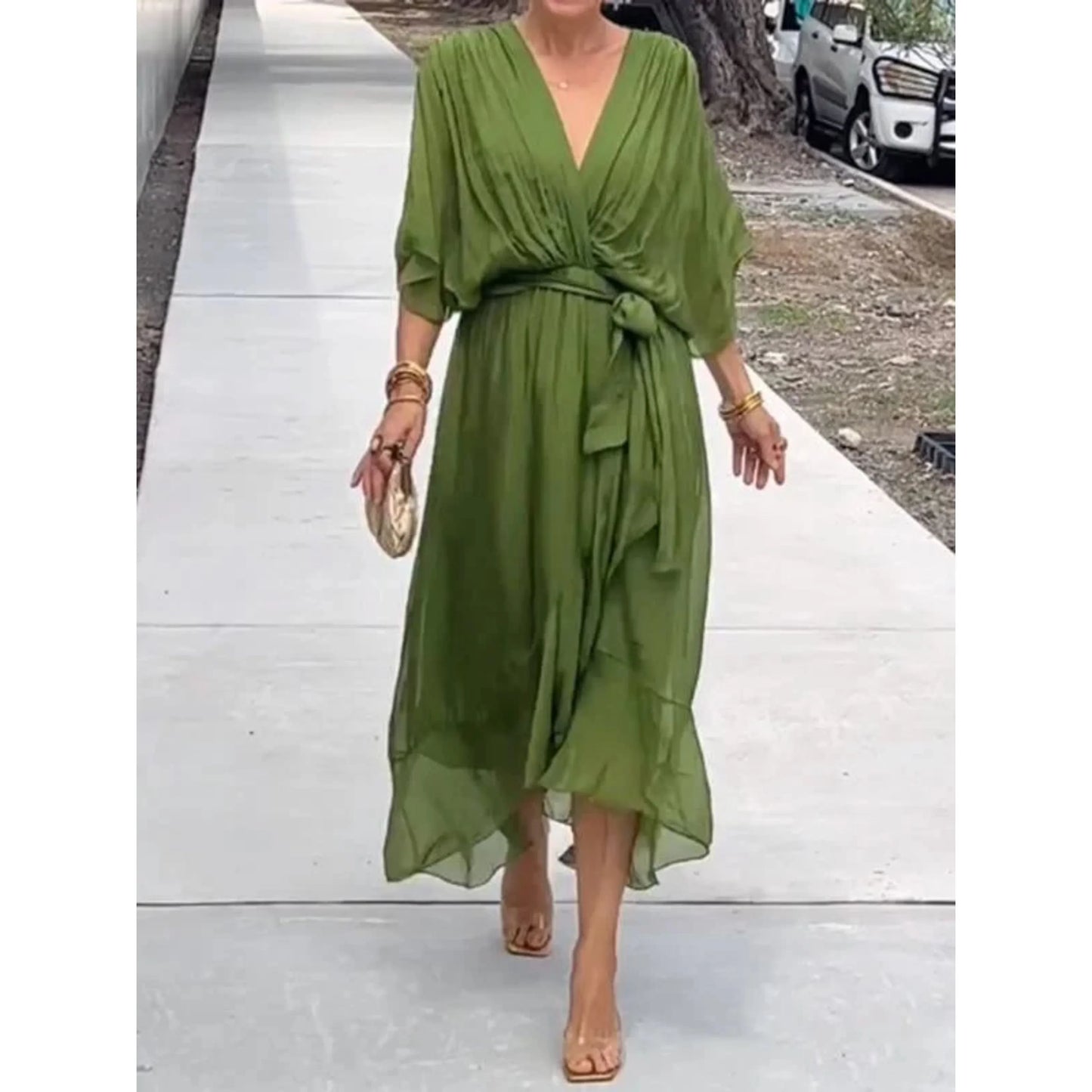 Robe femme élégante fluide col V en mousseline – Moderne, légère, polyvalente