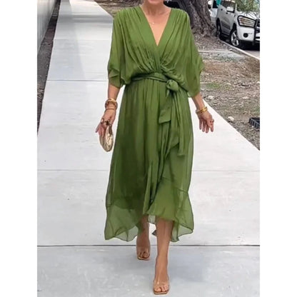 Robe femme élégante fluide col V en mousseline – Moderne, légère, polyvalente