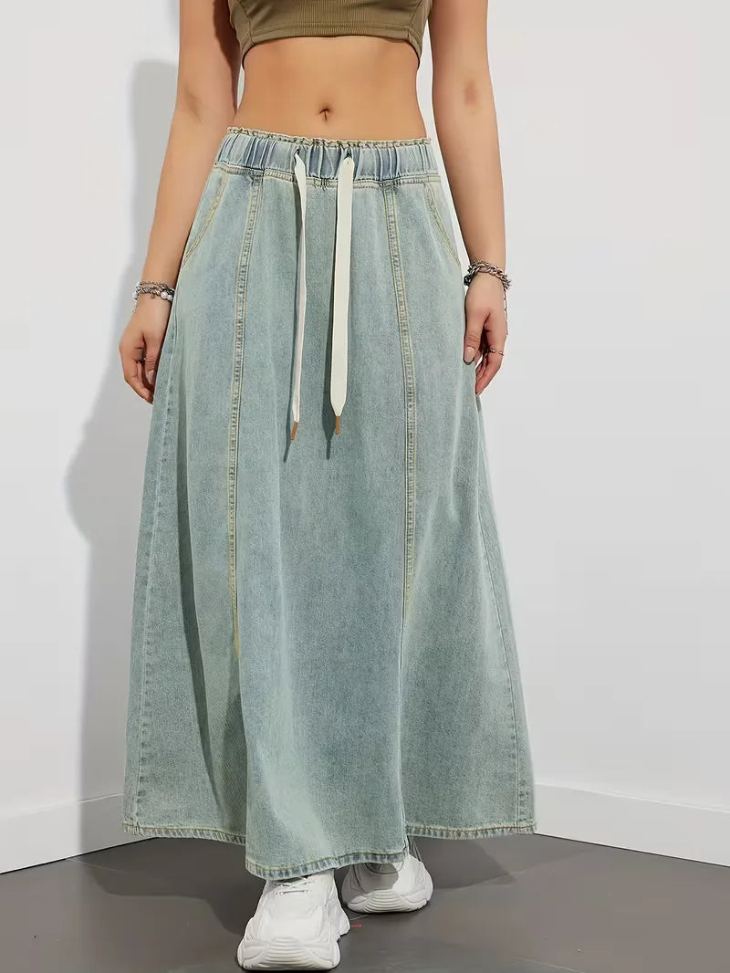 Women's maxi denim skirt with elastic waistband - Comfortable and practical