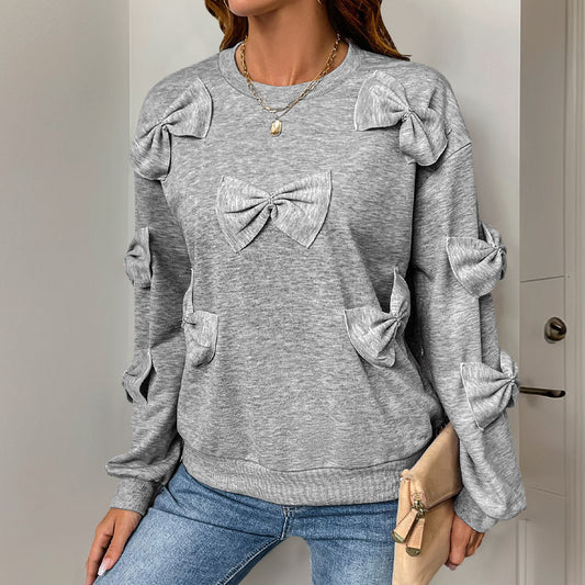 Pull Femme Doux à Nœud Cousu – Sweat Gris Col Rond Décontracté