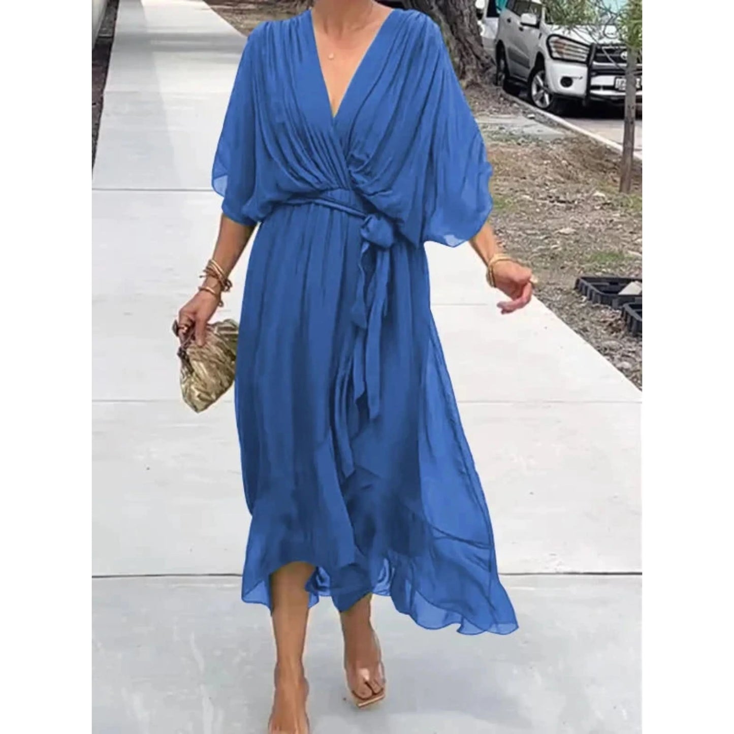 Robe femme élégante fluide col V en mousseline – Moderne, légère, polyvalente
