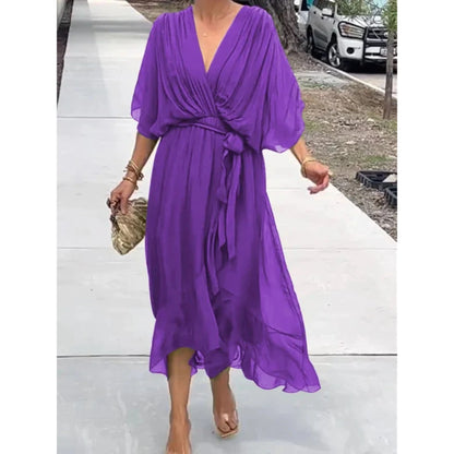 Robe femme élégante fluide col V en mousseline – Moderne, légère, polyvalente