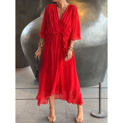 Robe femme élégante fluide col V en mousseline – Moderne, légère, polyvalente