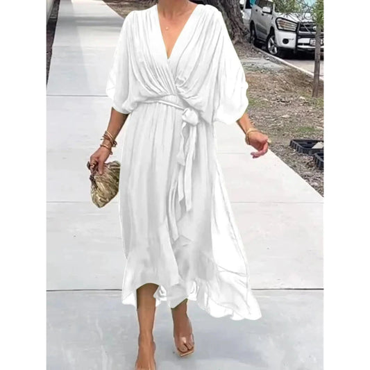 Robe femme élégante fluide col V en mousseline – Moderne, légère, polyvalente