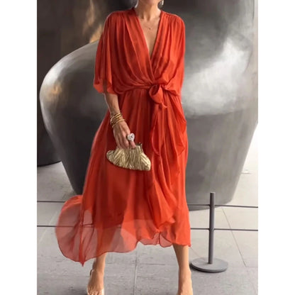 Robe femme élégante fluide col V en mousseline – Moderne, légère, polyvalente
