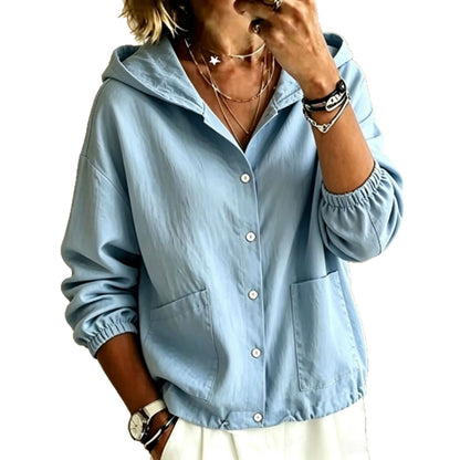 Giacca da donna con cappuccio e bottoni, vestibilità ampia – Stile casual e confortevole