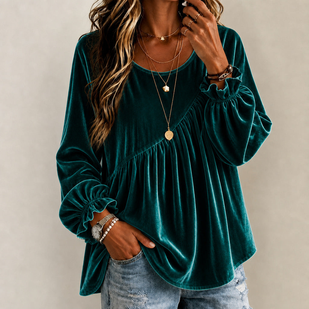 Top de mujer de terciopelo con cuello redondo y volantes – estilo elegante y corte holgado