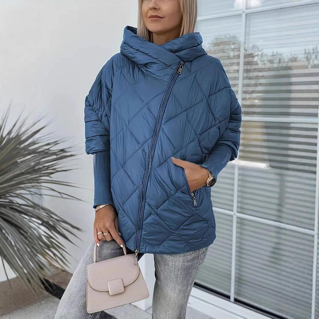 Women’s Hooded Puffer Jacket with Zip Closure – Chic and Warm Patchwork Style for Winter