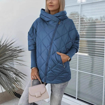Women’s Hooded Puffer Jacket with Zip Closure – Chic and Warm Patchwork Style for Winter