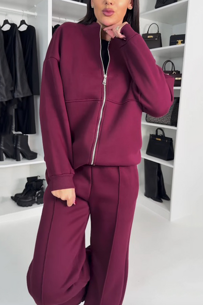 Trendy Casual Two-Piece Set for Women – Oversized Zip-Up Sweatshirt and Jogging Pants