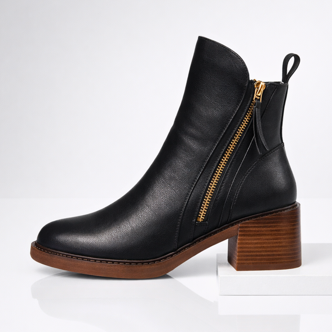 Bottines femme en cuir à talon – Bottes cheville élégantes avec semelle intérieure rembourrée et zip métallique