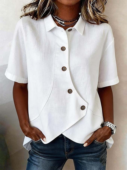 Camicia da donna tinta unita con chiusura asimmetrica e maniche corte