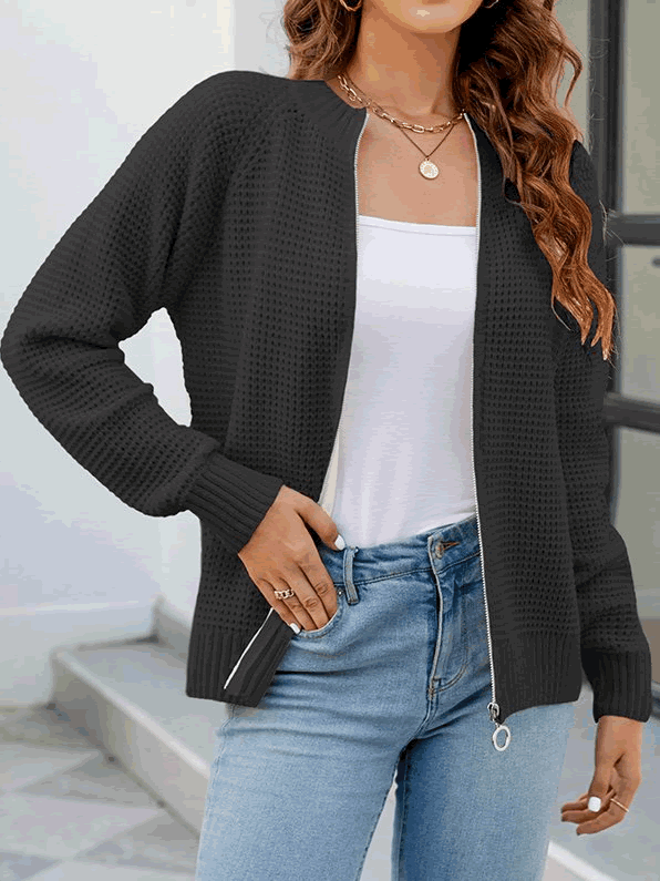 Women's solid-color zip-up long-sleeve cardigan - Simple and comfortable