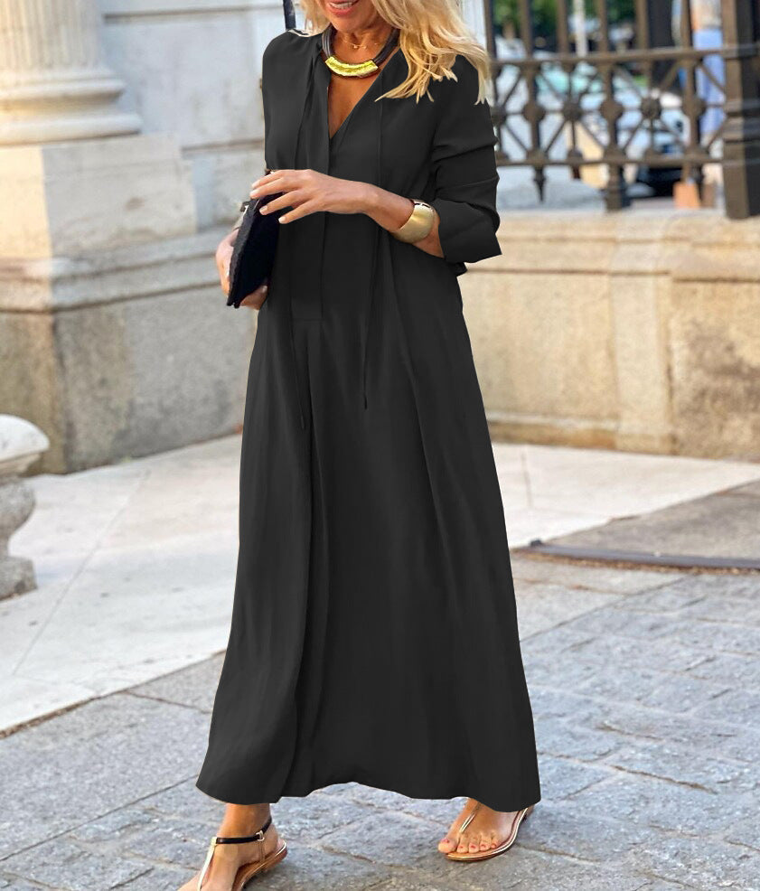 Robe Maxi Femme Coupe Décontractée à Col V – Style Élégant à Manches Longues
